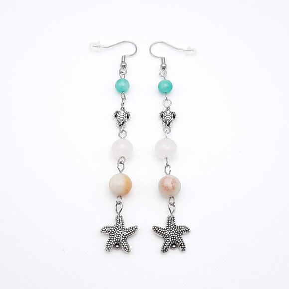 Starfish Turtle Beach Boho Quartz Amazonite Gemstone Earrings Handmade Jewelry - Picture 2 of 6